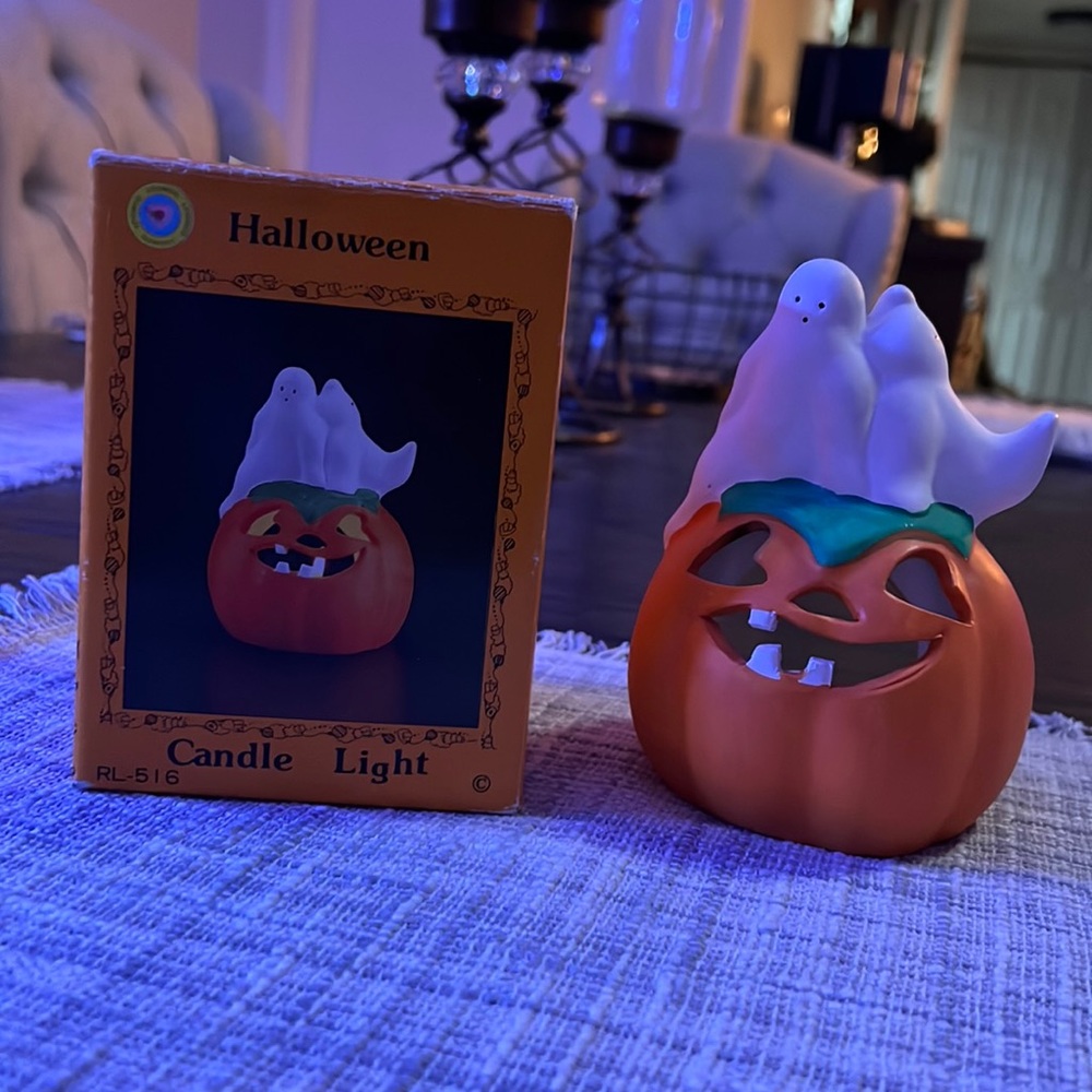 Vintage Halloween tea light holder pumpkin ghost